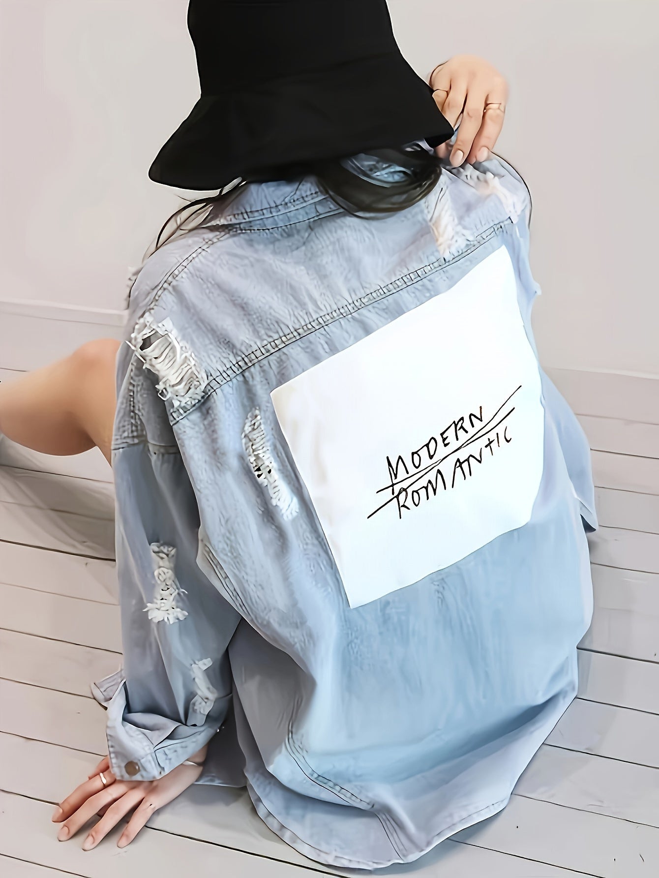 Letter Print Ripped Denim Shirt Jacket – Light Wash