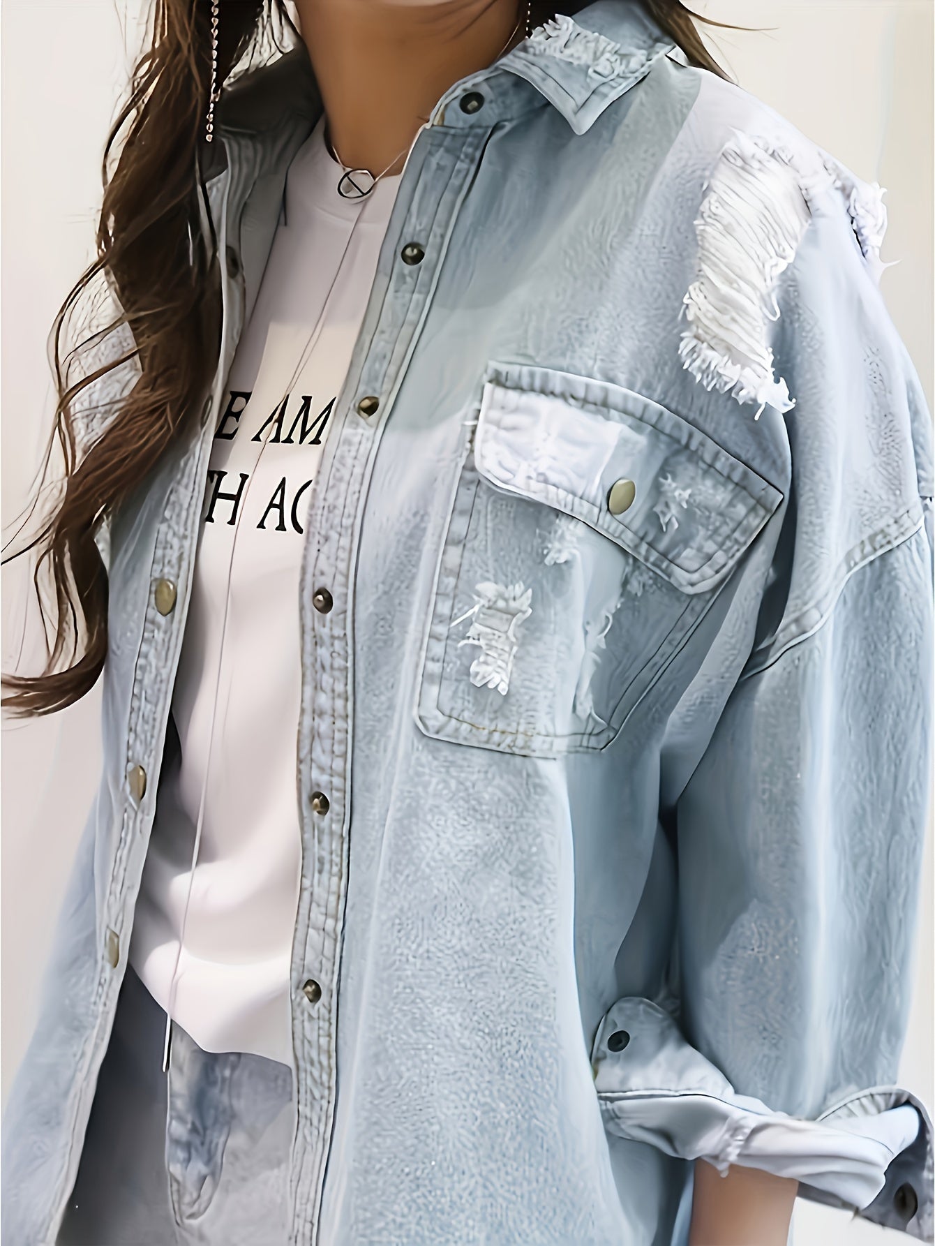 Letter Print Ripped Denim Shirt Jacket – Light Wash
