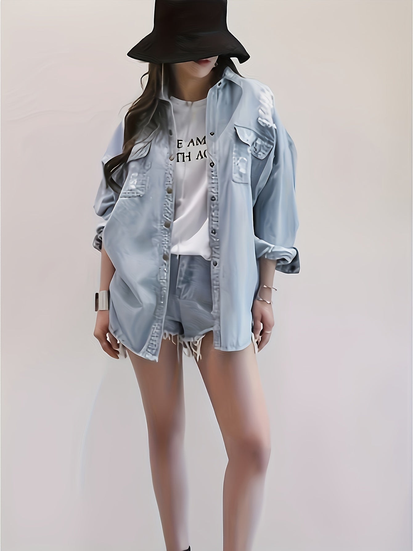 Letter Print Ripped Denim Shirt Jacket – Light Wash