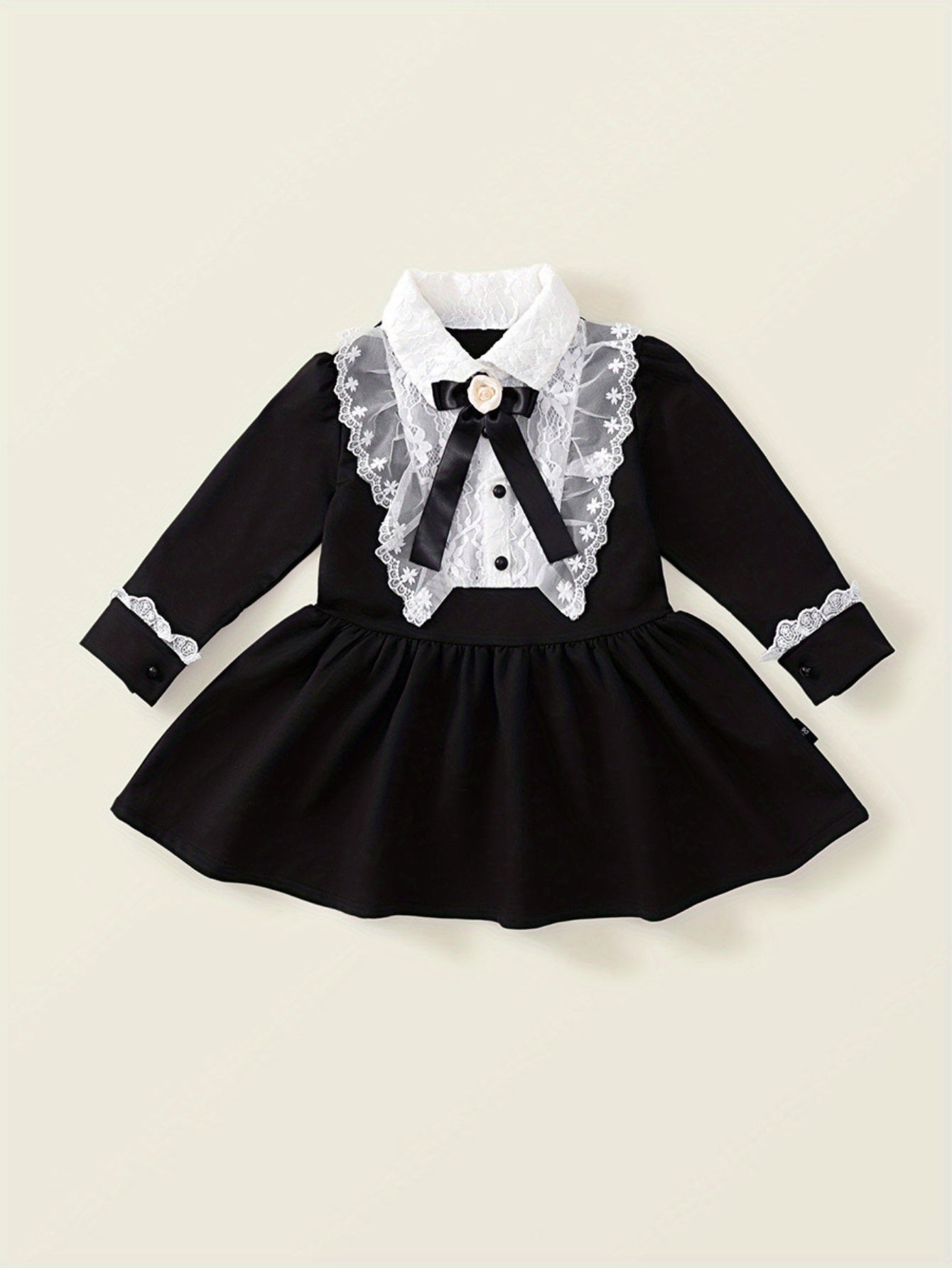 Elegant Girls' Vintage Long Sleeve Princess Dress with Lace Bow