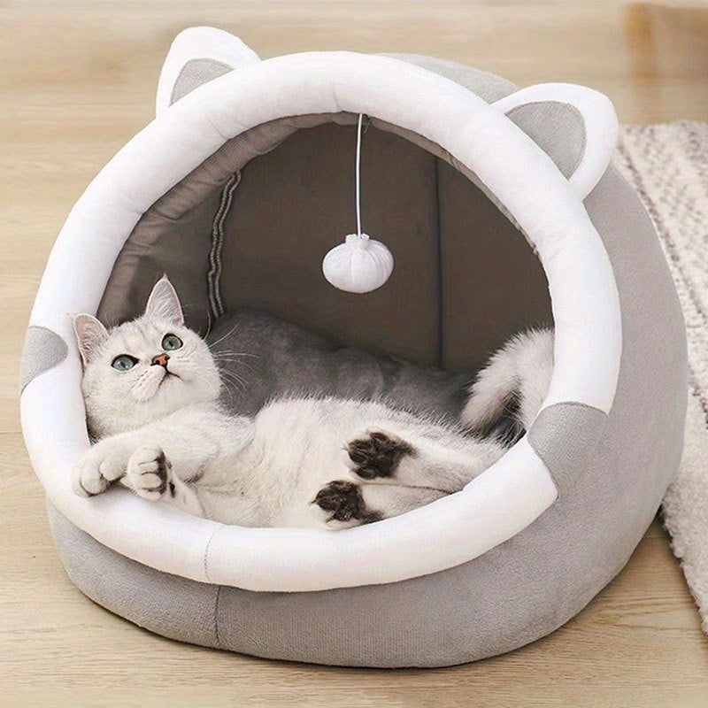 Cozy Cartoon Cat Cave Bed – Warm Pet House for Kittens.
