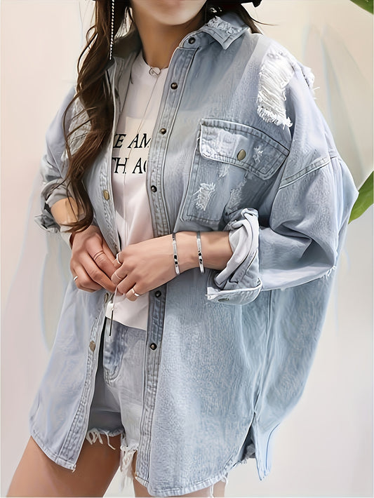 Letter Print Ripped Denim Shirt Jacket – Light Wash