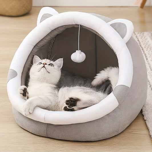 Cozy Cartoon Cat Cave Bed – Warm Pet House for Kittens.