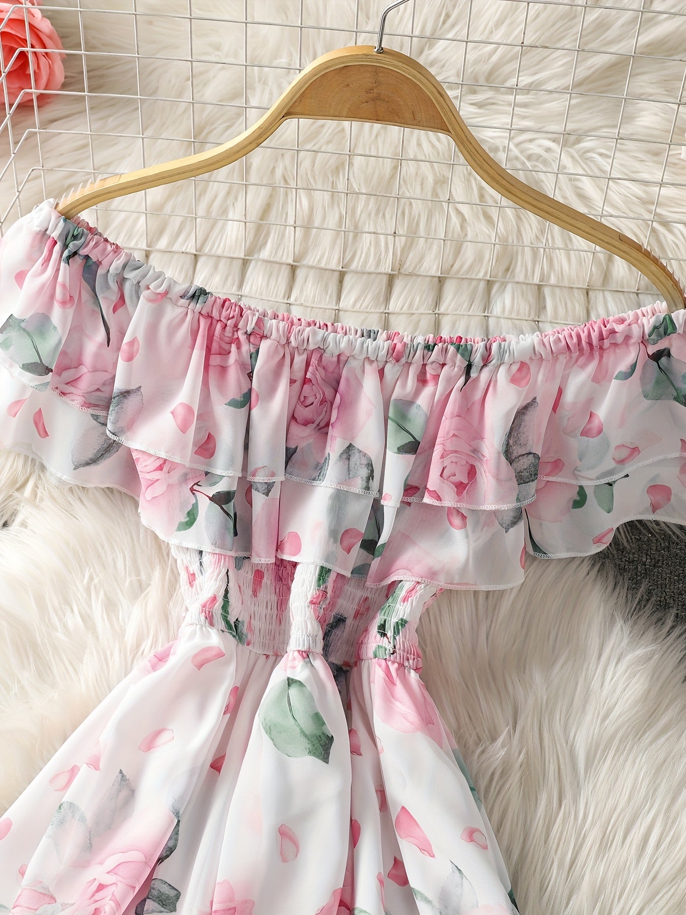 Elegant Women's Floral Off-Shoulder Dress – Ruffled Hem, Sleeveless.