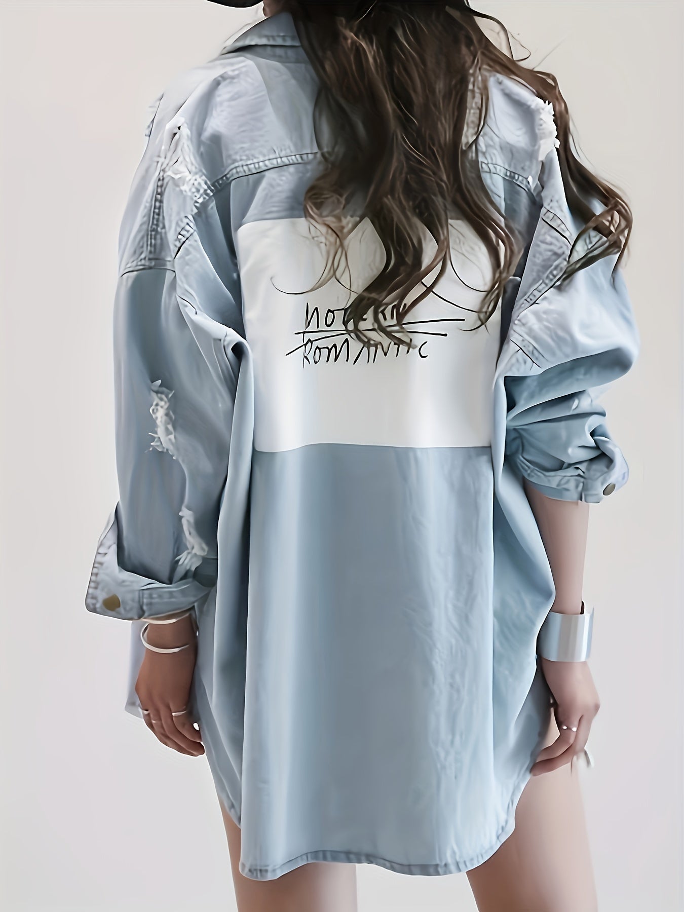 Letter Print Ripped Denim Shirt Jacket – Light Wash