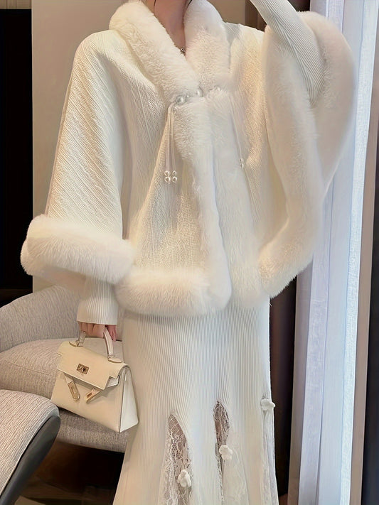 Elegant Plus Size Fleece-Lined Cape Shawl Coat – Open Front, Beaded Detail