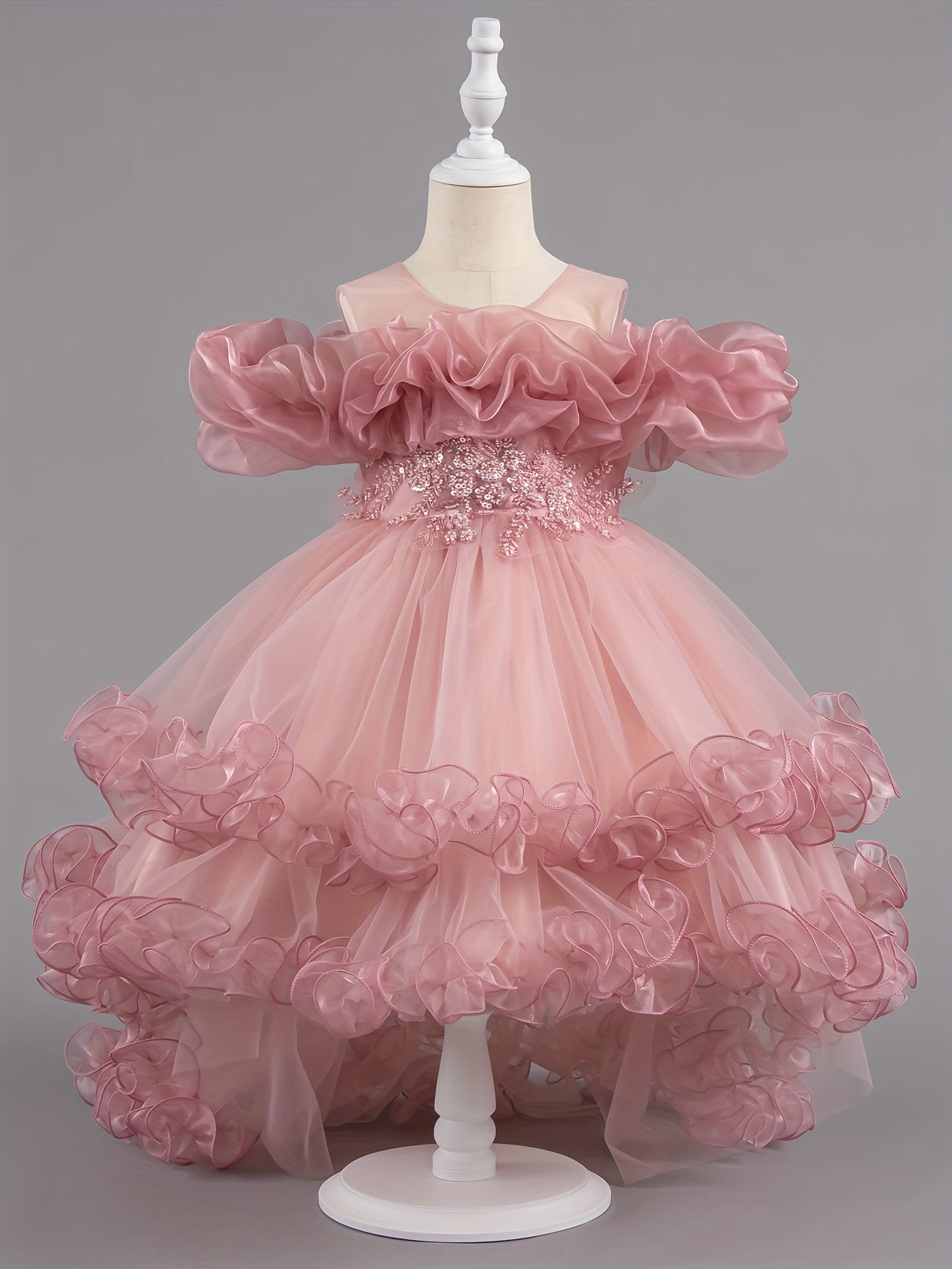 Elegant Girls' Embroidered Sequin Princess Dress with Belt