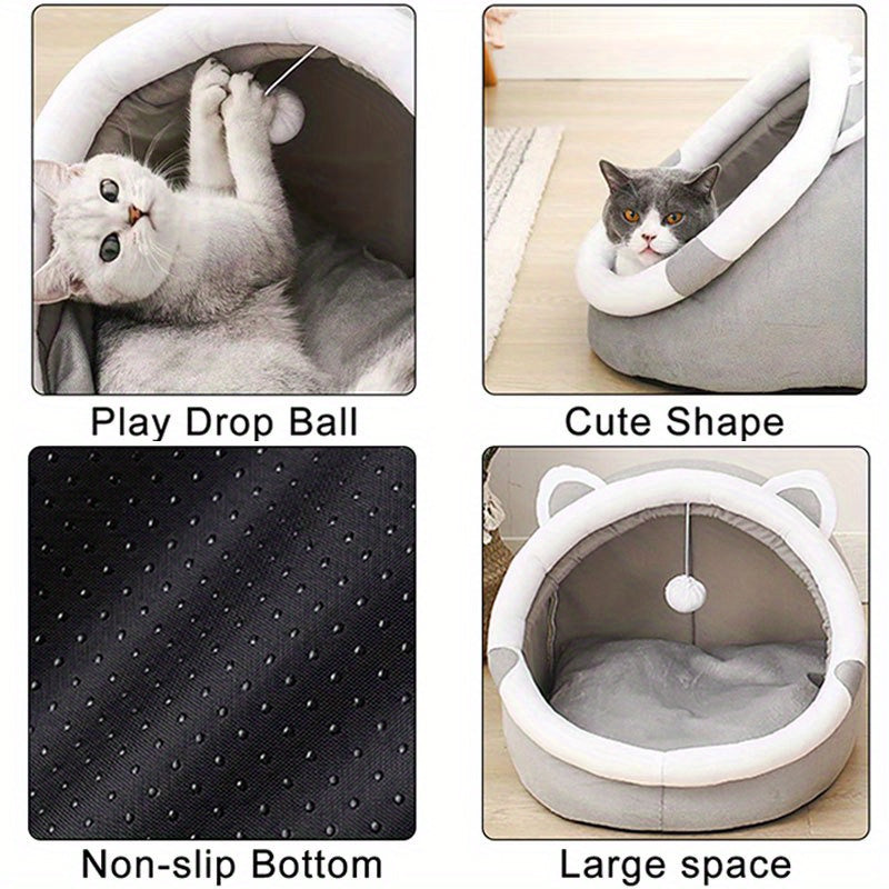 Cozy Cartoon Cat Cave Bed – Warm Pet House for Kittens.