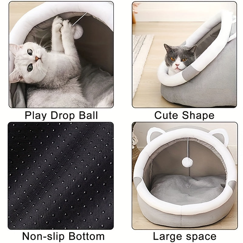 Cozy Cartoon Cat Cave Bed – Warm Pet House for Kittens.