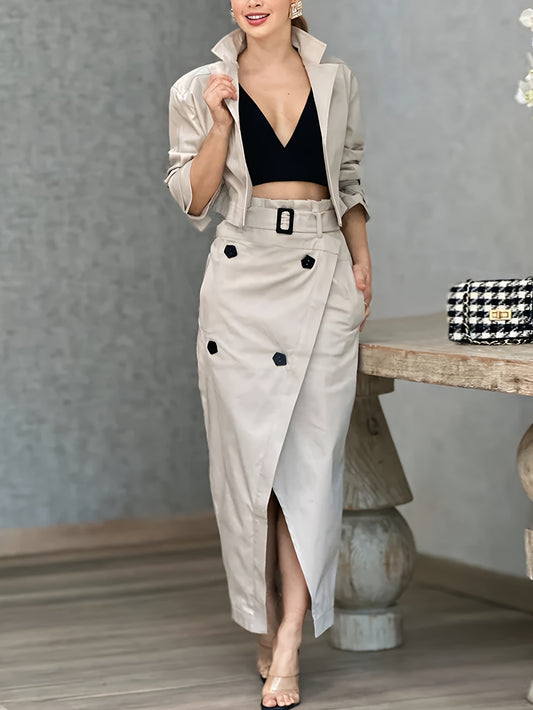 Elegant Work Outfit – Long-Sleeve Jacket with Waist Belt & Slit Mid-Skirt