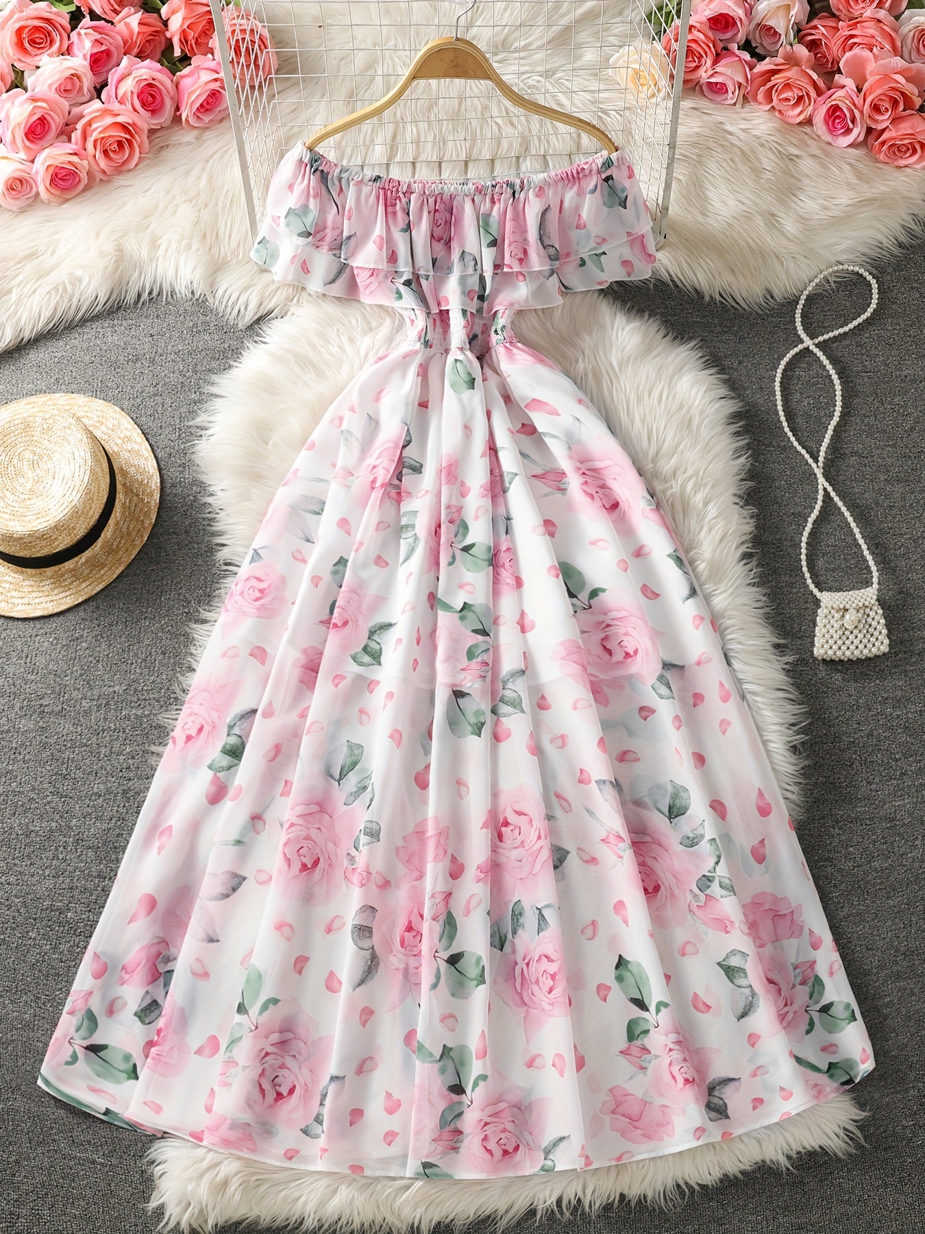 Elegant Women's Floral Off-Shoulder Dress – Ruffled Hem, Sleeveless.
