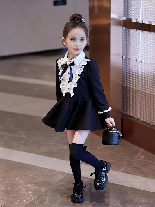 Elegant Girls' Vintage Long Sleeve Princess Dress with Lace Bow