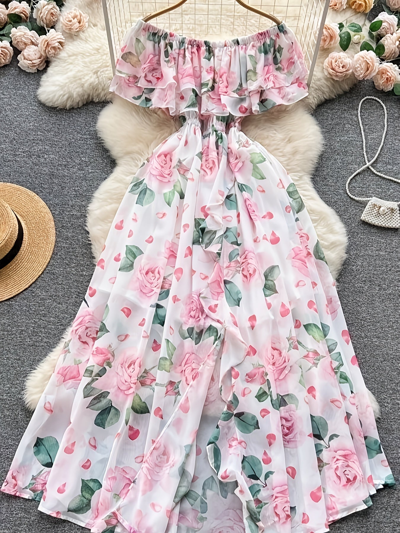 Elegant Women's Floral Off-Shoulder Dress – Ruffled Hem, Sleeveless.