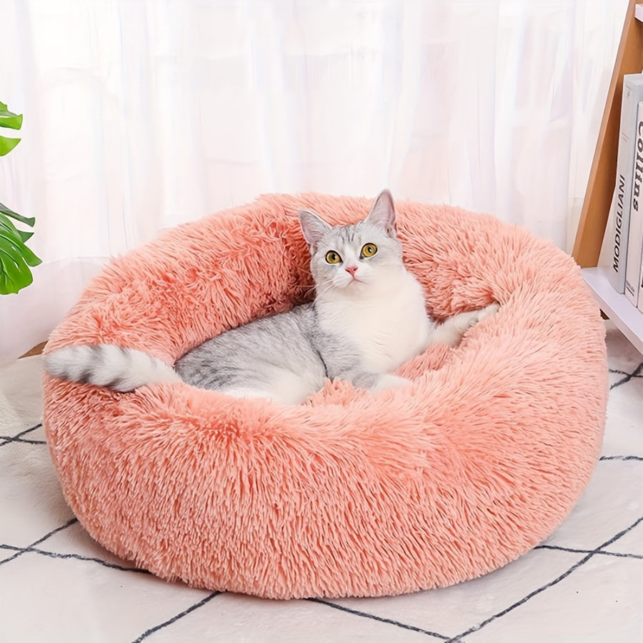 Cozy Striped Plush Pet Bed – Grey, Round & Warm