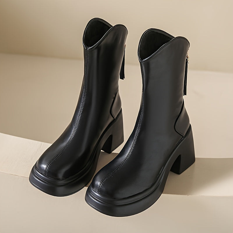 Fashion Chunky Heel Ankle Booties for Women – Round Toe, Zipper Closure.