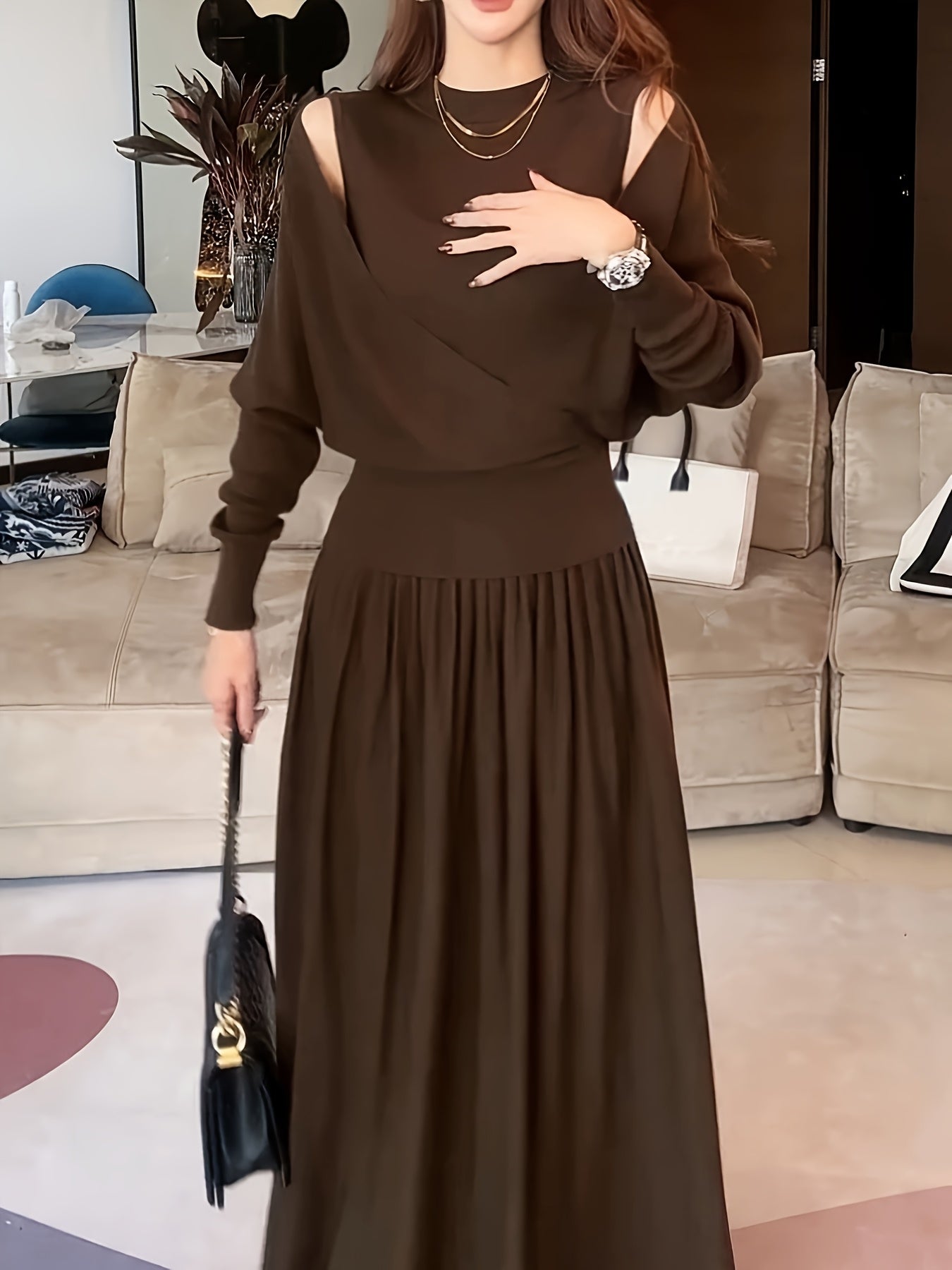Chic 2pcs Knit Co-ord Set – Crew Neck Sweater & Matching Skirt with Cross Detail.