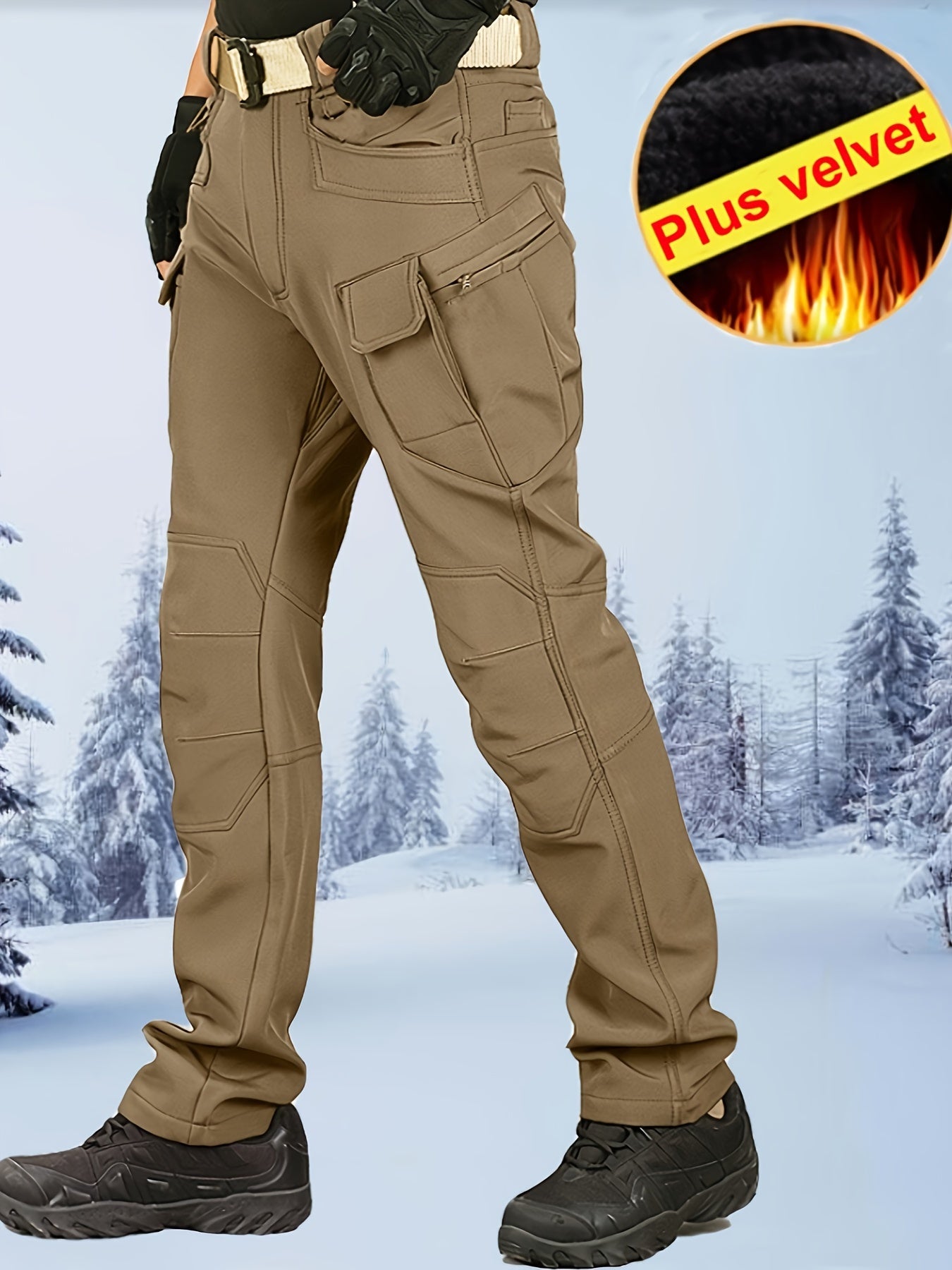 Men's Fleece Lined Cargo Pants - Warm, Windproof, Waterproof