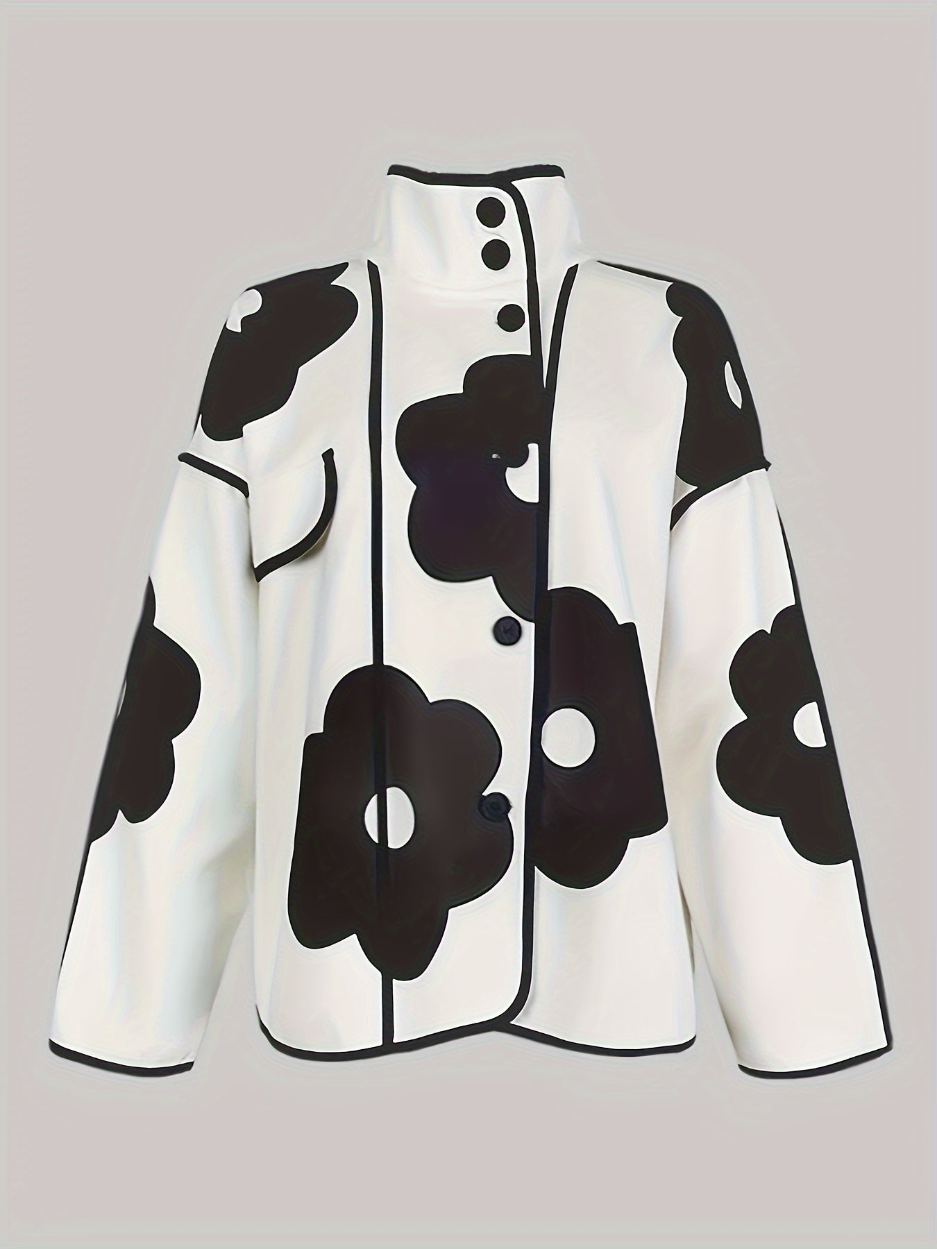 Polyester Casual Stand Collar Floral Print Open Front Button Jacket, with Long Sleeve