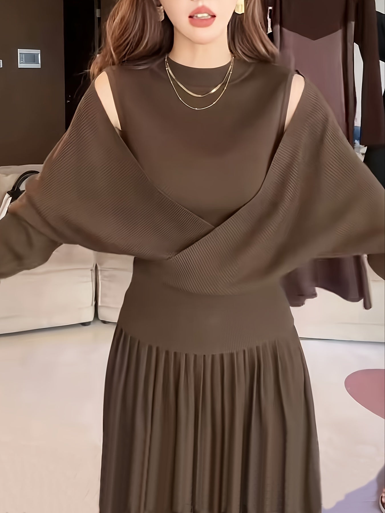 Chic 2pcs Knit Co-ord Set – Crew Neck Sweater & Matching Skirt with Cross Detail.
