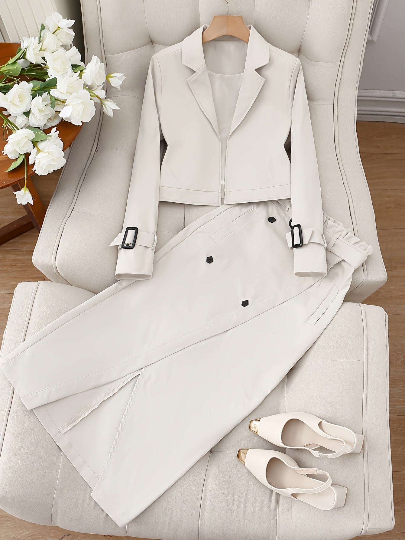 Elegant Work Outfit – Long-Sleeve Jacket with Waist Belt & Slit Mid-Skirt