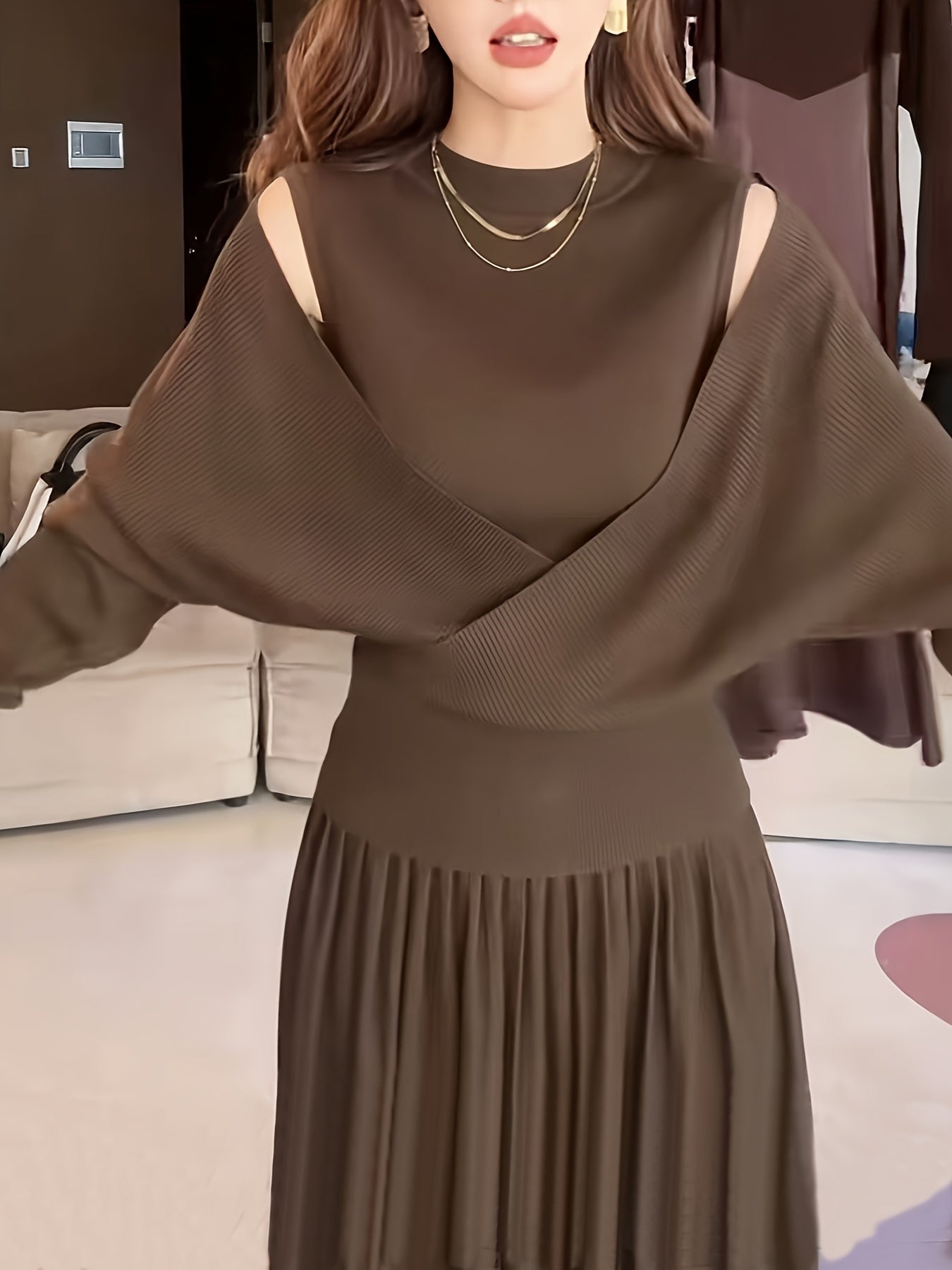Chic 2pcs Knit Co-ord Set – Crew Neck Sweater & Matching Skirt with Cross Detail.