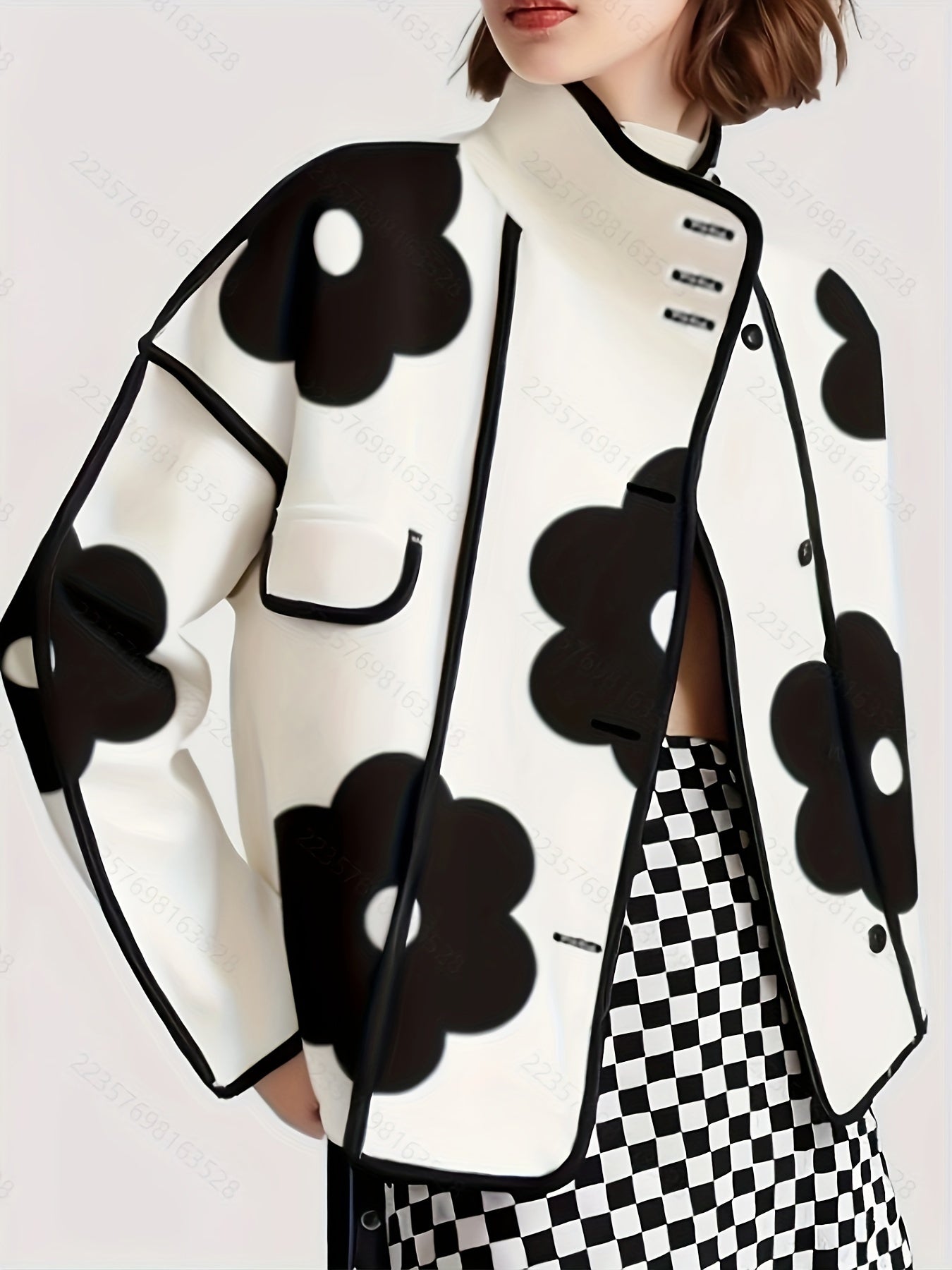 Polyester Casual Stand Collar Floral Print Open Front Button Jacket, with Long Sleeve