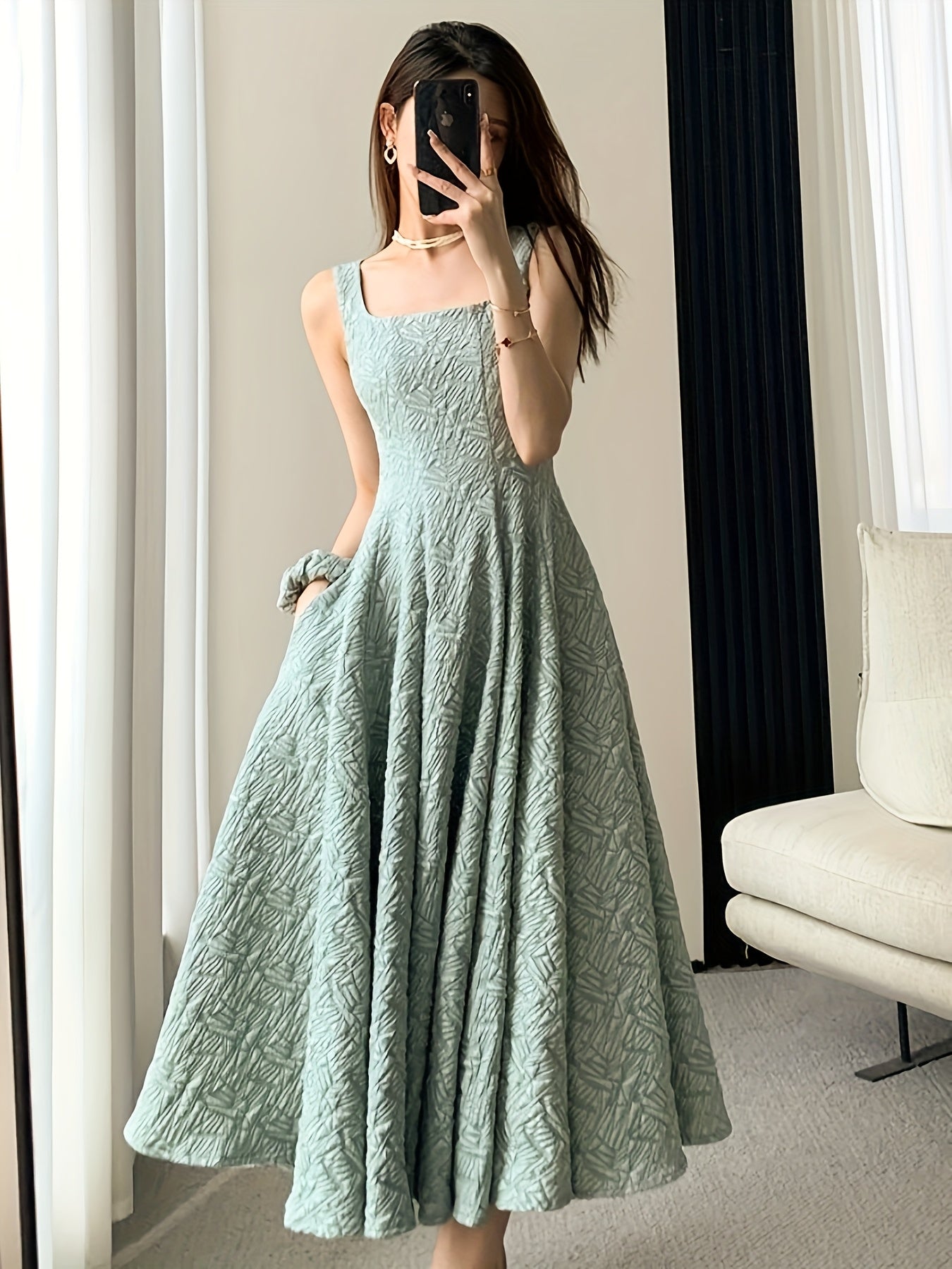 Square-Neck Jacquard Dress