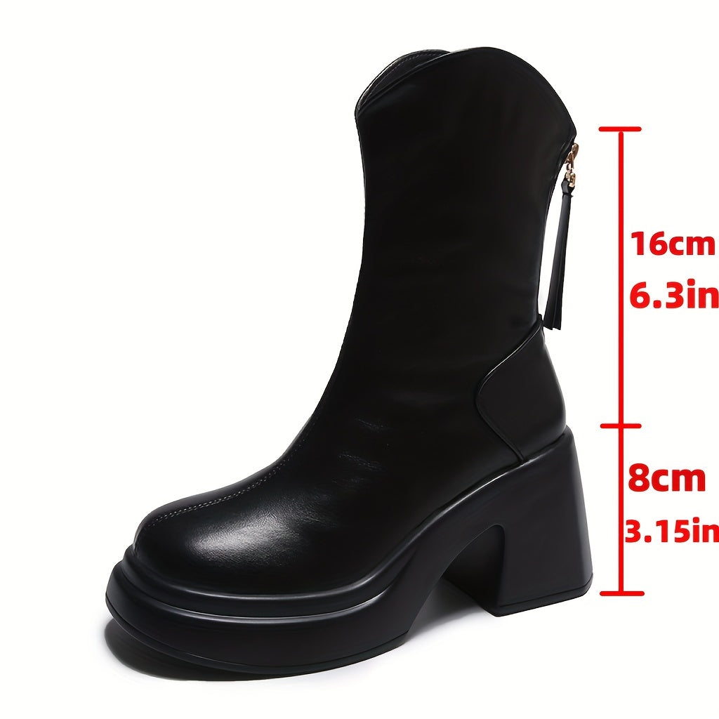 Fashion Chunky Heel Ankle Booties for Women – Round Toe, Zipper Closure.