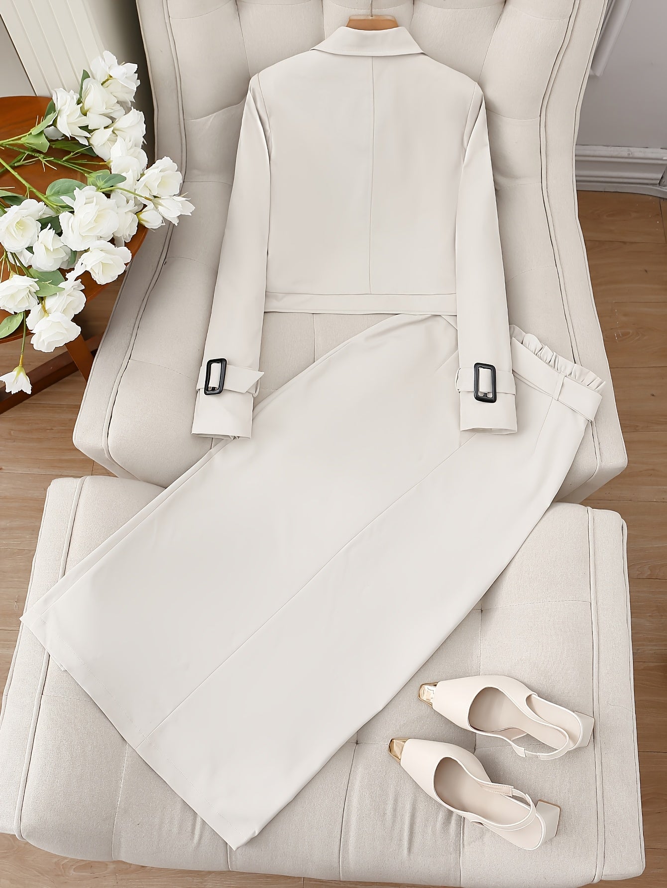 Elegant Work Outfit – Long-Sleeve Jacket with Waist Belt & Slit Mid-Skirt